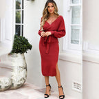 Women's Slim Fit Long Sleeve V-Neck Dress