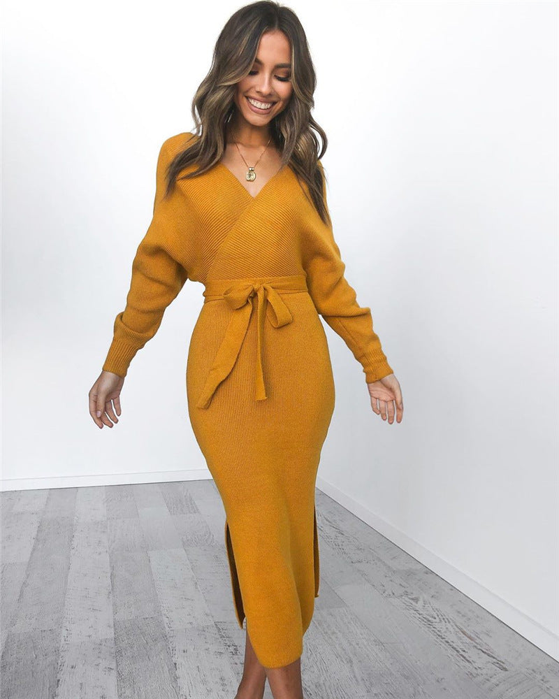 Women's Slim Fit Long Sleeve V-Neck Dress