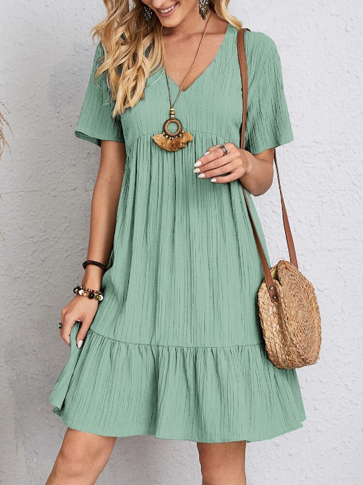 Women's V-Neck Short Sleeve Summer Casual Loose Ruffled Beach Dress